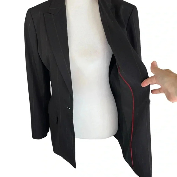 ELIE TAHARI Lined Blazer Black Red Top Stitch Detail Viscose Wool Lycra Size 8 - Picture 5 of 12